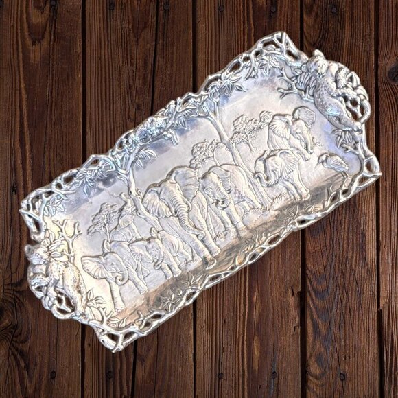 ARTHUR COURT Elephant Leopard Aluminum Serving Tray Handles Jungle Holiday - Picture 1 of 7
